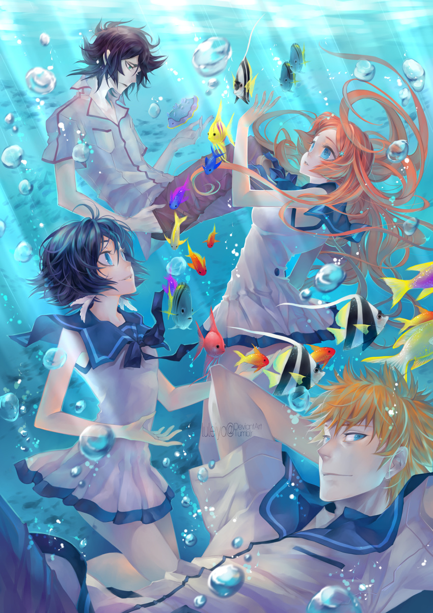 2boys 2girls air_bubble alexa_pasztor black_hair bleach blue_eyes cosplay fish green_eyes highres inoue_orihime kuchiki_rukia kurosaki_ichigo long_hair multiple_boys multiple_girls nagi_no_asukara orange_hair sailor_collar sailor_dress school_uniform sea_slug serafuku ulquiorra_cifer underwater