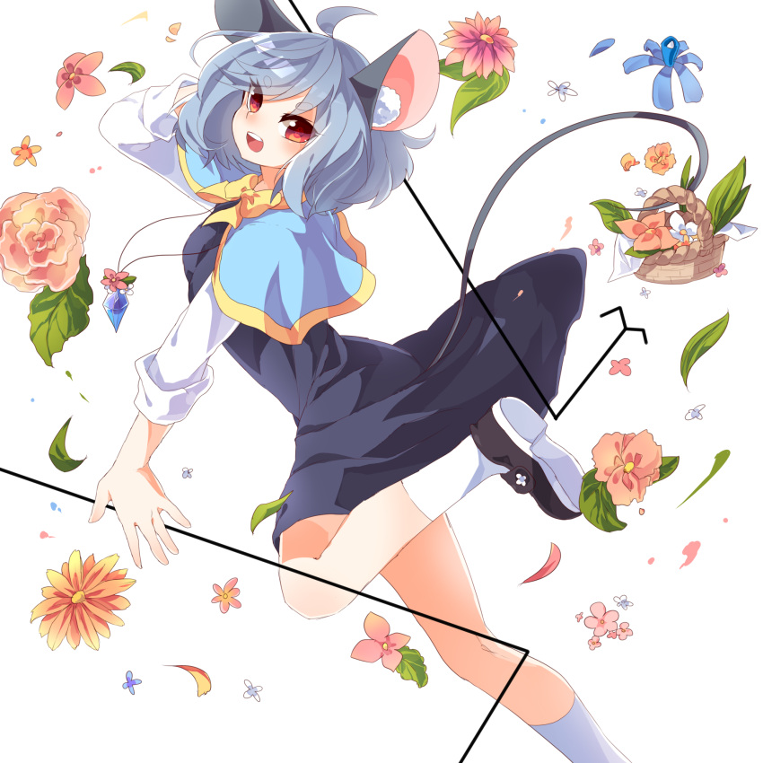 1girl ahoge animal_ears blush capelet dowsing_rod grey_hair highres jewelry koza looking_at_viewer mouse_ears mouse_tail nazrin open_mouth pendant red_eyes short_hair skirt solo symbol-shaped_pupils tail touhou white_legwear