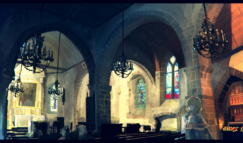 1girl alice_margatroid altar blonde_hair blue_dress candelabra candle capelet church dress hairband highres nenenoa stained_glass touhou