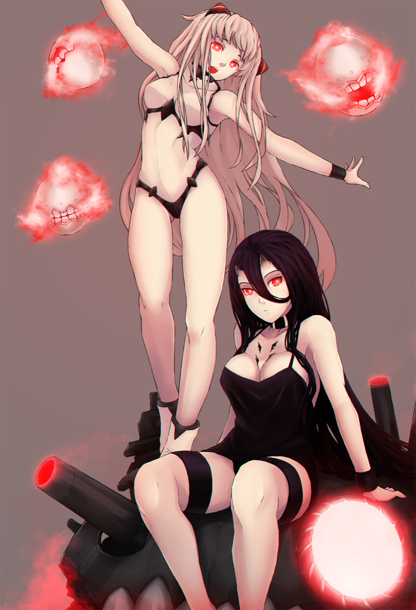 2girls airfield_hime albino balancing battleship-symbiotic_hime black_hair breasts bushidokuroi highres horns kantai_collection leotard long_hair looking_at_viewer multiple_girls open_mouth outstretched_arms pale_skin red_eyes shinkaisei-kan sitting spread_arms thigh_strap white_hair