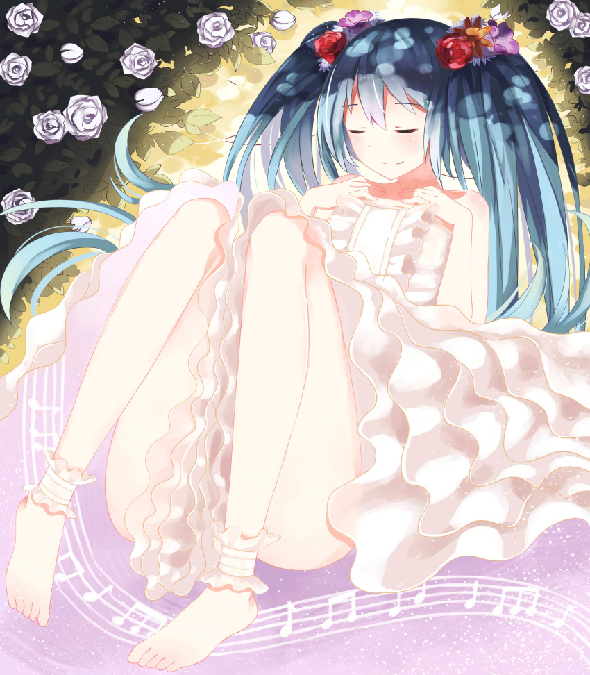 1girl absurdres bare_shoulders blue_hair closed_eyes dress flower flower_on_head hair_ornament hands_on_own_chest hatsune_miku highres levi9452 rose sitting smile solo twintails vocaloid white_dress