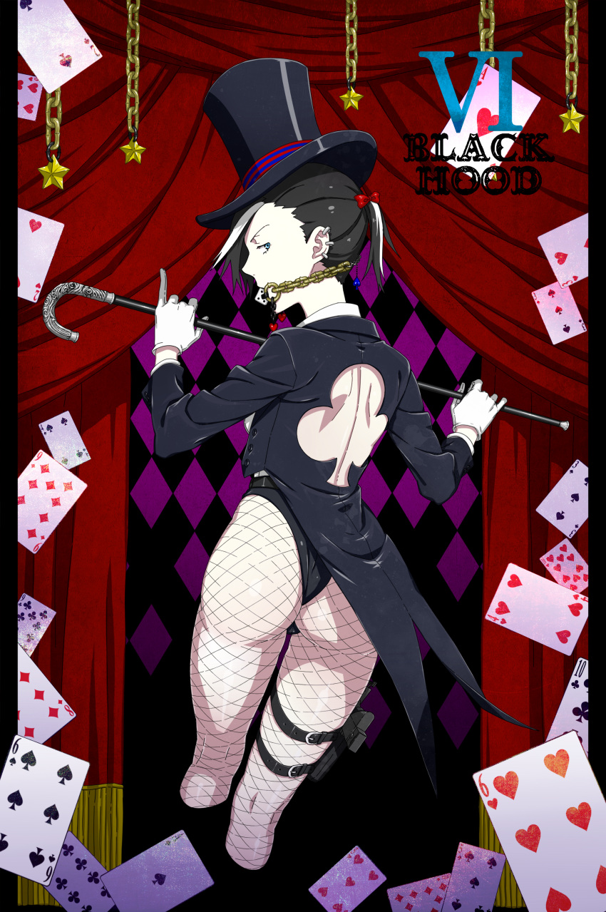 1girl absurdres ass back ball_gag black_hair black_hood blue_eyes bunnysuit cane card clubs dice earrings fishnet_pantyhose fishnets gag gloves gun hat heart highres holster jewelry kamezaemon looking_back multicolored_hair original pantyhose pinky_out playing_card ponytail solo spade star thigh_holster top_hat two-tone_hair weapon white_hair