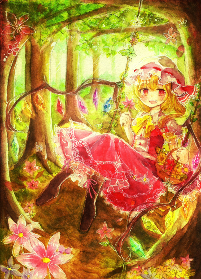 1girl alternate_footwear ascot basket blonde_hair blush boots bow fang flandre_scarlet flower forest graphite_(medium) hair_bow hat hat_ribbon highres lace-trimmed_skirt looking_at_viewer marker_(medium) mob_cap nature open_mouth red_eyes ribbon shinonome_myoke short_hair side_ponytail skirt skirt_set solo swing touhou traditional_media watercolor_(medium) wings