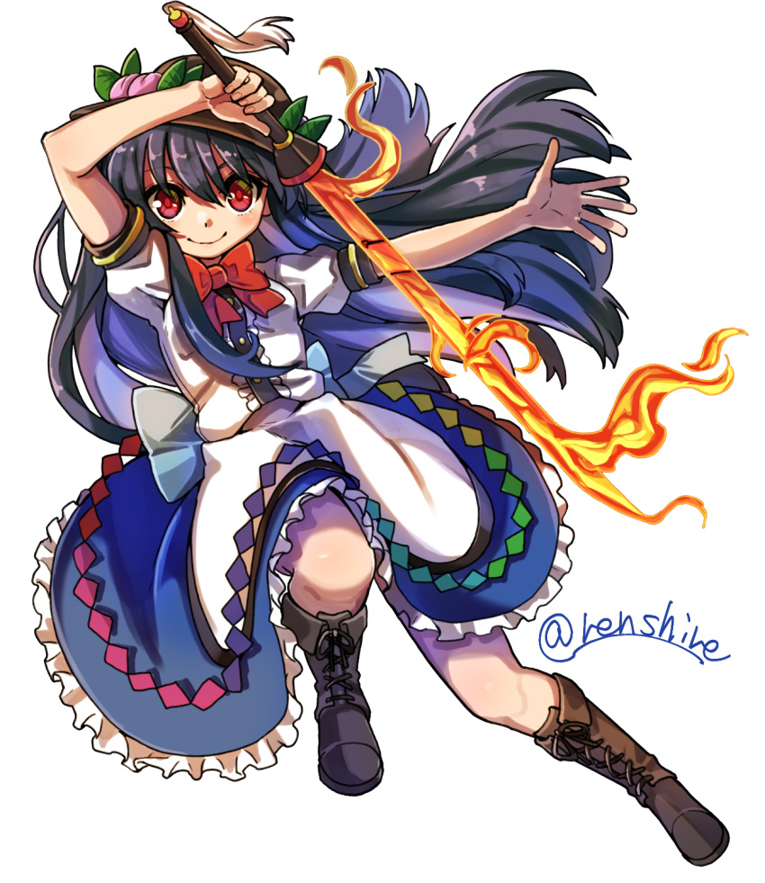 1girl bangs black_headwear blue_hair blue_skirt boots bow bowtie brown_footwear center_frills closed_mouth food frills fruit full_body highres hinanawi_tenshi holding holding_sword holding_weapon leaf long_hair one-hour_drawing_challenge peach rainbow_order red_bow red_bowtie red_eyes renshirenji short_sleeves simple_background skirt smile solo sword sword_of_hisou touhou twitter_username weapon white_background