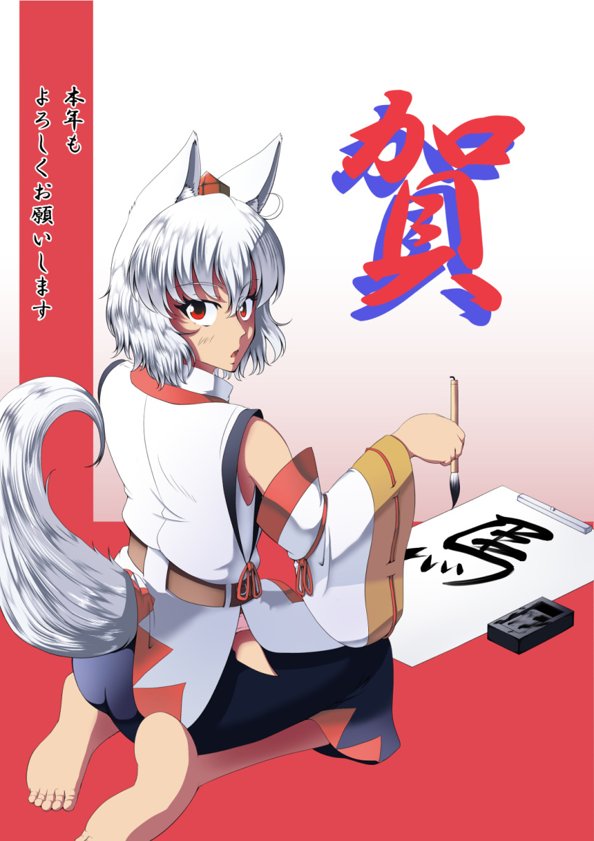 1girl animal_ears bad_feet bare_shoulders barefoot detached_sleeves hat highres inubashiri_momiji japanese_clothes kouno_ibuki looking_at_viewer looking_back open_mouth panties pink_panties pom_pom_(clothes) red_eyes short_hair silver_hair sitting solo tail tokin_hat touhou translation_request underwear wolf_ears wolf_tail