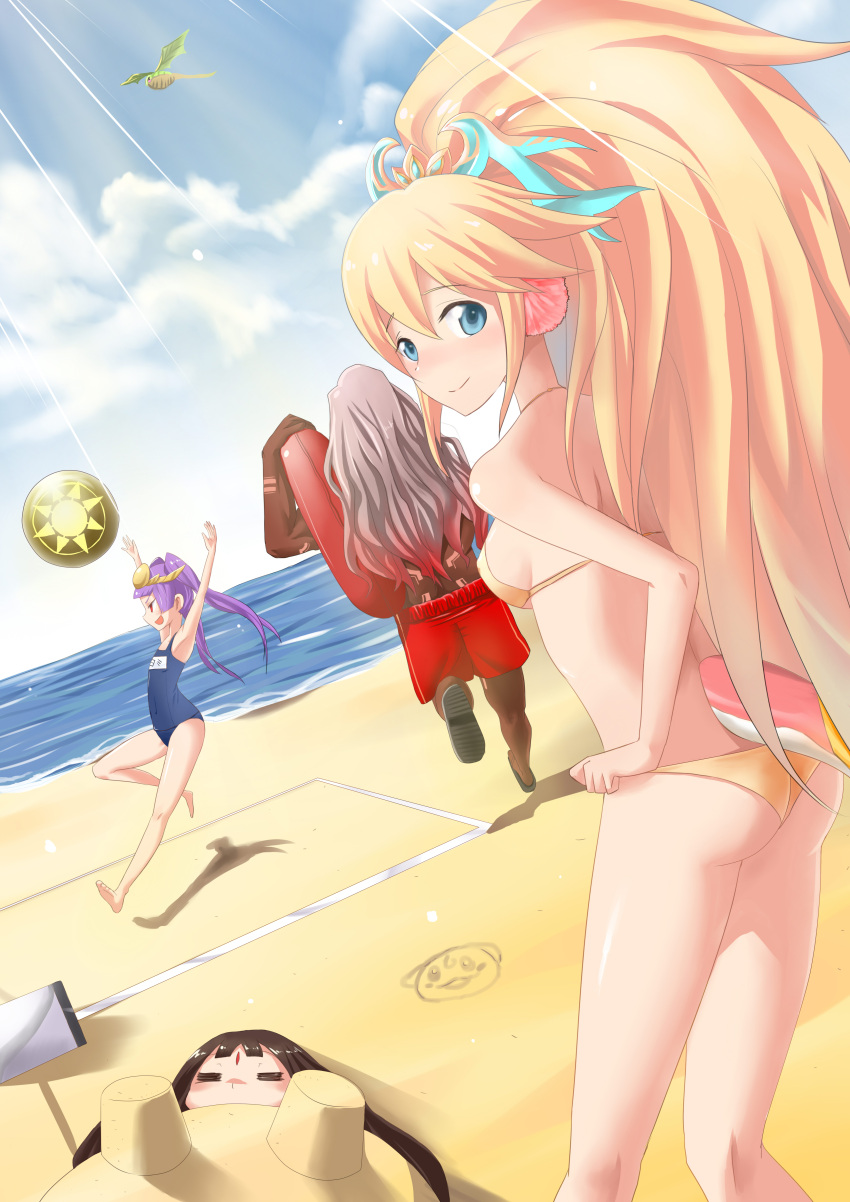 3girls absurdres ass ball beach beachball bikini blonde_hair blue_eyes blue_sky blue_swimsuit blush breasts brown_hair buried closed_eyes clouds dragon_plant_(p&amp;d) facial_mark forehead_mark hand_on_hip headpiece highres horns innertube jacjoraazz kushinada_(p&amp;d) long_hair looking_back multiple_girls name_tag odin_(p&amp;d) one-piece_swimsuit outdoors pom_pom_(clothes) ponytail purple_hair puzzle_&amp;_dragons red_eyes sakuya_(p&amp;d) sand sand_castle sand_sculpture school_swimsuit shadow shynee_(p&amp;d) sky smile sunlight swim_trunks swimsuit tail twintails water yellow_bikini yellow_swimsuit yomi_(p&amp;d)