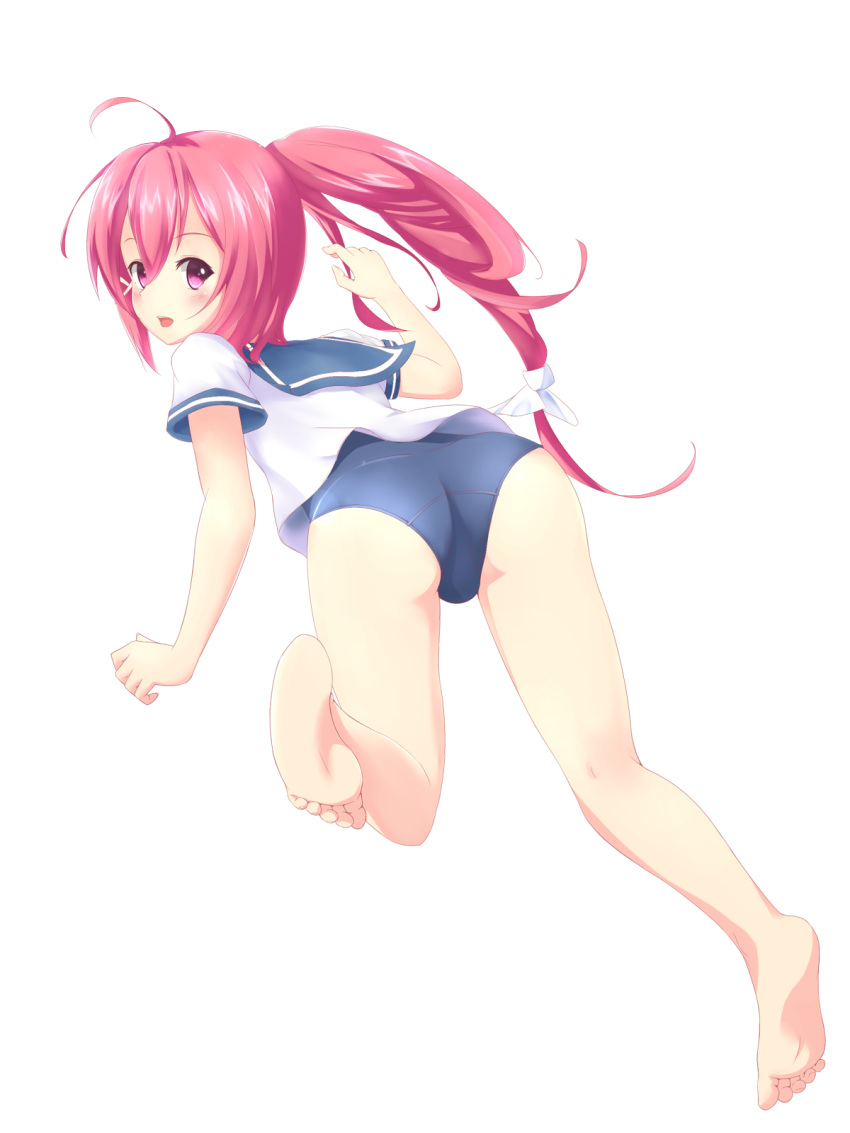 1girl ahoge ass bare_legs barefoot blue_swimsuit blush full_body highres i-168_(kantai_collection) kantai_collection kotowa_ruko leaning leaning_forward leg_up long_hair looking_back one-piece_swimsuit open_mouth pink_eyes pink_hair ponytail school_swimsuit school_uniform serafuku short_sleeves simple_background smile solo swimsuit white_background