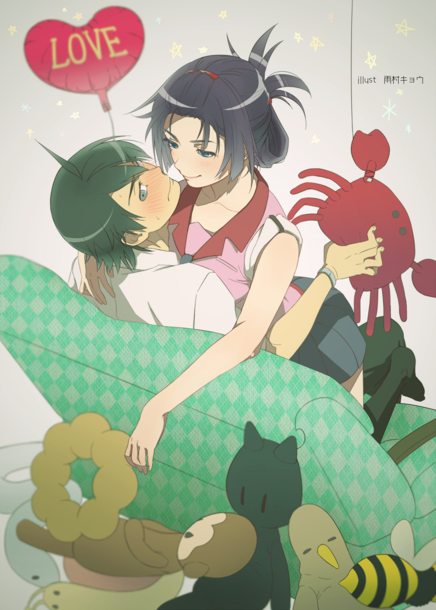 1boy 1girl araragi_koyomi bakemonogatari balloon bee bird black_hair cat couch couple crab eye_contact folded_hair green_eyes highres long_hair looking_at_another monkey monogatari_(series) samidarekyou school_uniform senjougahara_hitagi snail snake stuffed_animal stuffed_toy thigh-highs