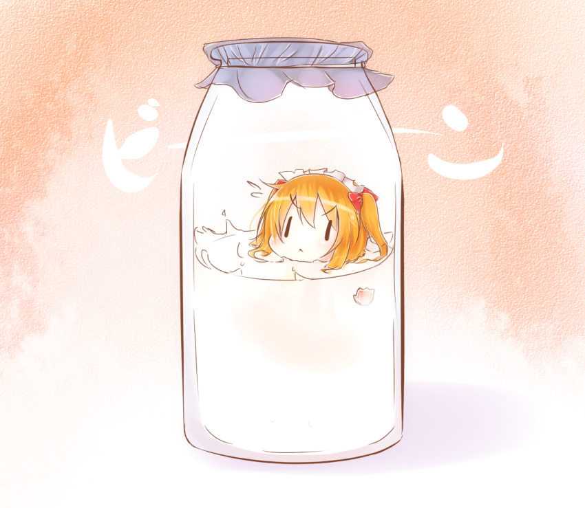 1girl :&lt; bikuseno blonde_hair bottle bow chibi hair_bow hairband in_bottle in_container milk minigirl namesake orange_background pun ribbon short_hair solo submerged sunny_milk touhou twintails