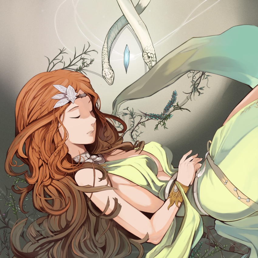 absurdres artist_request bracer breasts brown_hair closed_eyes collar crystal curly_hair dress final_fantasy final_fantasy_xiv highres long_hair nophica ornament plant sideboob snake source_request