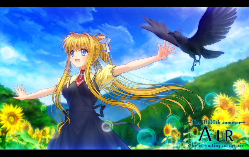 1girl air bird blonde_hair blue_eyes hair_ribbon highres kamio_misuzu letterboxed long_hair mutsuki_(moonknives) outstretched_arms ponytail ribbon school_uniform smile spread_arms