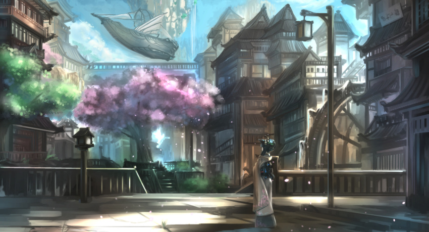 1girl architecture blue_hair building cherry_blossoms east_asian_architecture flying_boat from_behind highres japanese_clothes kikivi kimono lantern original petals scenery ship short_hair solo tree