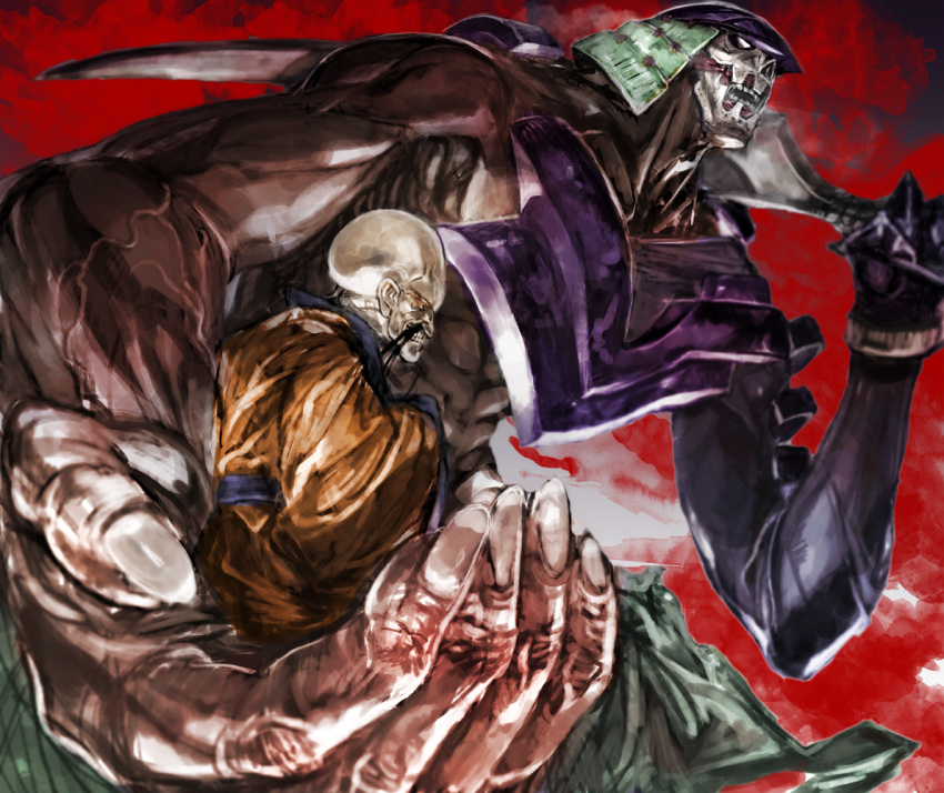 2boys abs armor bald blood breastplate facial_hair fuji_(rurouni_kenshin) giant glowing glowing_eye helmet kabuto male mask matsuba_(idiotlantern) multiple_boys muscle mustache old_man rurouni_kenshin saizuchi size_difference veins