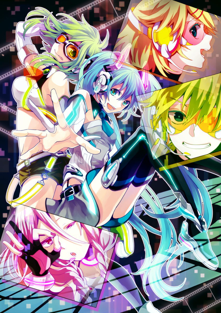 1boy 4girls :p braid detached_sleeves film_strip goggles gumi hatsune_miku headphones highres ia_(vocaloid) kagamine_len kagamine_rin looking_at_viewer multiple_girls open_mouth smile thigh-highs tongue tongue_out twin_braids vocaloid yamako_(artist) zettai_ryouiki