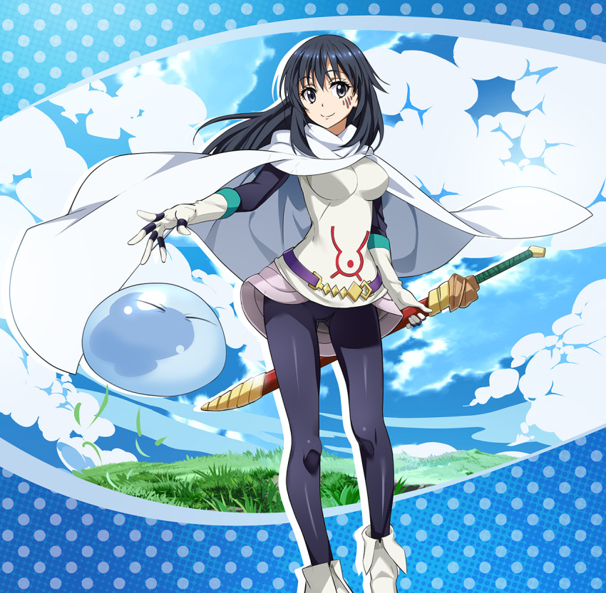 1girl 1other bangs black_eyes black_hair black_legwear black_sleeves blue_border border breasts cape clouds cloudy_sky commentary eyebrows_visible_through_hair gloves grass hand_on_sheath highres izawa_shizue large_breasts long_hair looking_at_viewer nyoro_(nyoronyoro000) official_style outside_border overskirt polka_dot_border purple_belt sheath sheathed shirt sky slime_(creature) smile standing sword tensei_shitara_slime_datta_ken weapon white_cape white_footwear white_gloves white_shirt