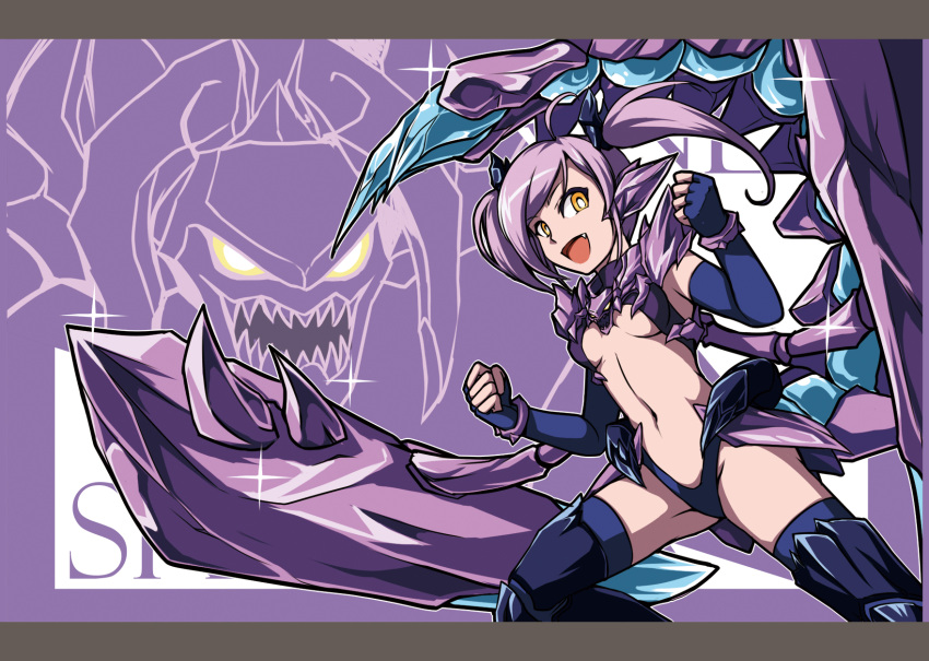 1girl ahoge elbow_gloves fang fingerless_gloves genderswap gloves highres league_of_legends looking_at_viewer nam_(valckiry) navel open_mouth purple_hair scorpion_tail sharp_teeth skarner small_breasts solo thigh-highs twintails yellow_eyes