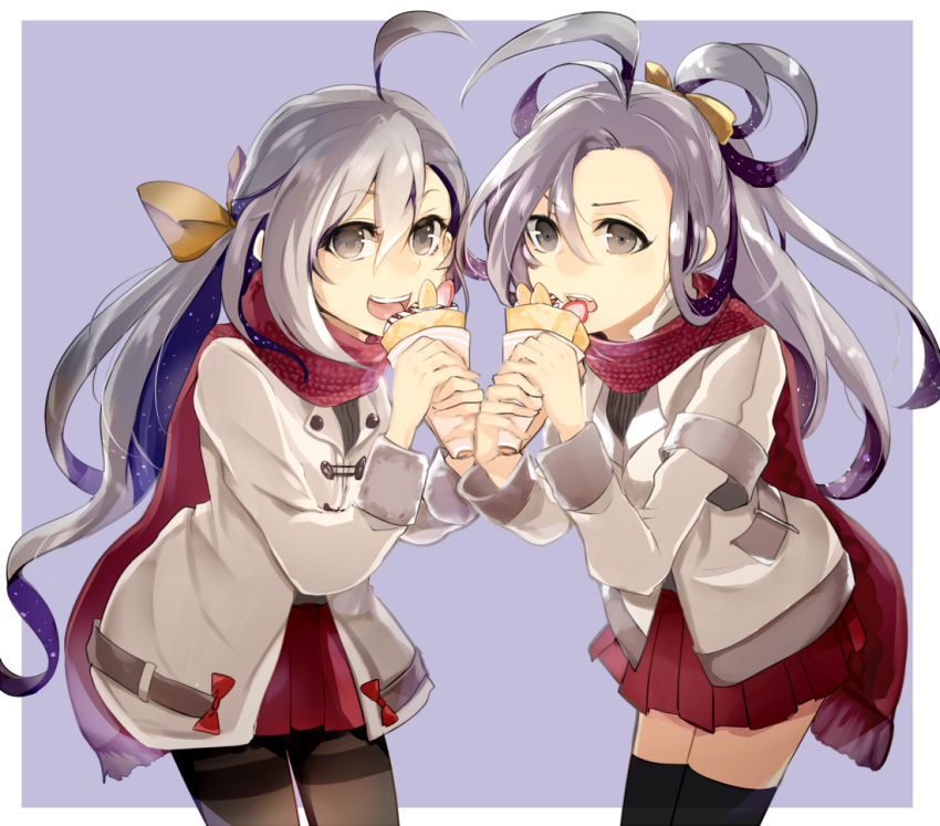 2girls ahoge amua asashimo_(kantai_collection) bangs black_legwear brown_eyes cowboy_shot crepe grey_hair kantai_collection kiyoshimo_(kantai_collection) long_ponytail looking_at_viewer multicolored_hair multiple_girls open_mouth pantyhose pleated_skirt red_scarf red_skirt scarf school_uniform skirt swept_bangs thigh-highs thighband_pantyhose two-tone_hair winter_clothes