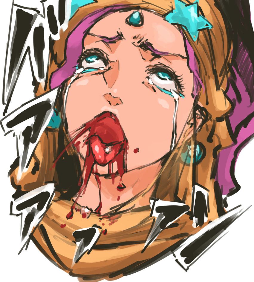 1girl ahegao aqua_eyes blood blood_from_mouth crying crying_with_eyes_open eyelashes face forehead_jewel highres jojo_no_kimyou_na_bouken long_hair midler nameo_(judgemasterkou) open_mouth parody piercing pink_hair ponytail rolling_eyes solo spoilers tears tongue tongue_out tongue_piercing