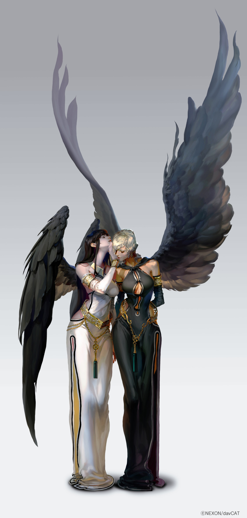2girls absurdres angel_wings armlet black_hair black_wings blonde_hair bracer chain closed_eyes detached_sleeves dress feathers goddess highres holding_hands jewelry long_hair mabinogi macha_(mabinogi) morrighan multiple_girls neck_ring official_art outstretched_wings whispering wings