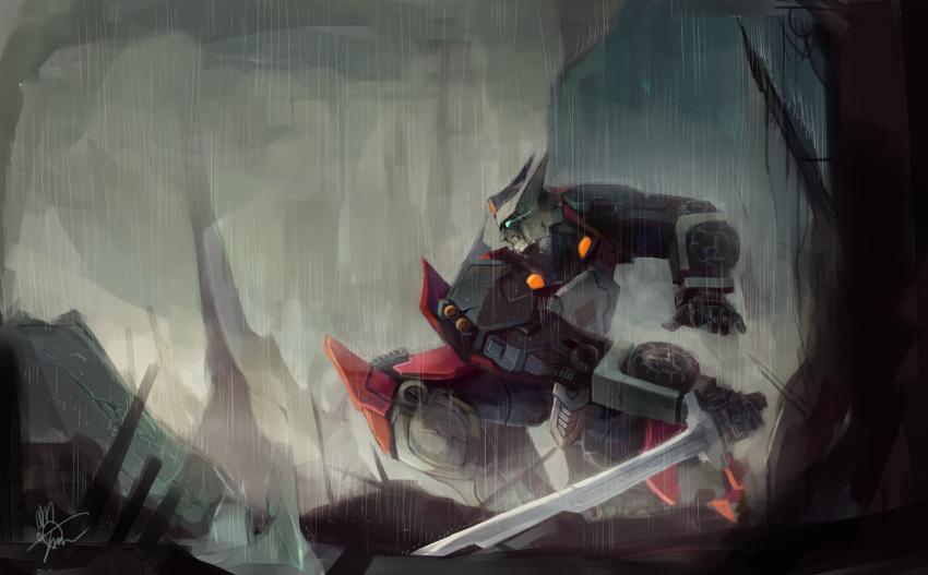 1boy artist_request autobot drift highres no_humans rain science_fiction solo sword transformers weapon