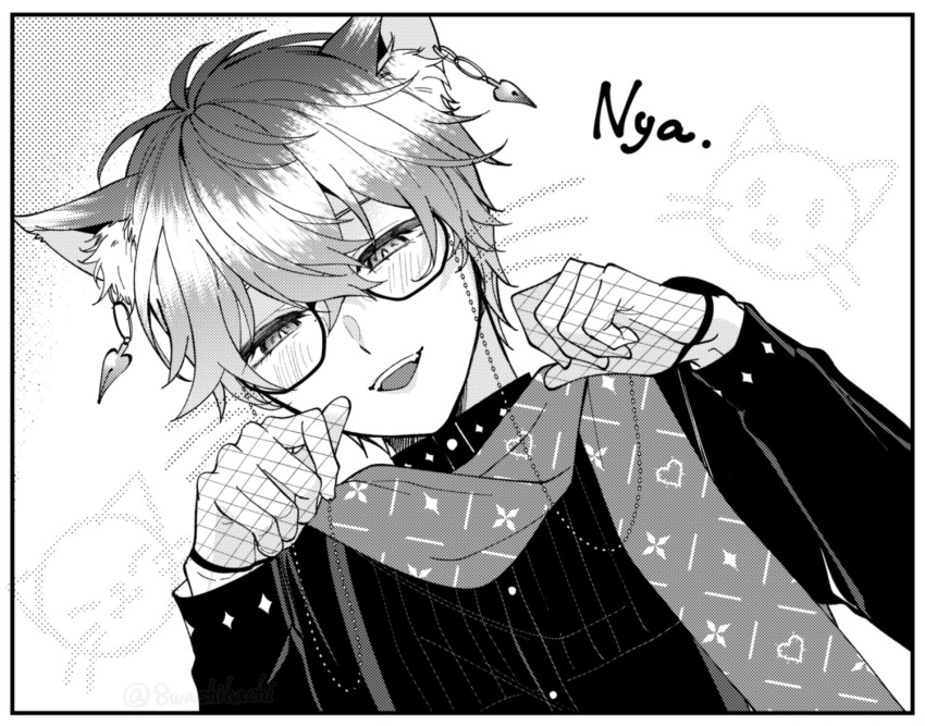 1boy animal_ears ba_hezhi_feng border cat_ears ear_piercing fishnet_gloves fishnets glass gloves greyscale ike_eveland kemonomimi_mode long_sleeves male_focus monochrome nijisanji nijisanji_en open_mouth paw_pose piercing romaji_text scarf short_hair solo turtleneck virtual_youtuber