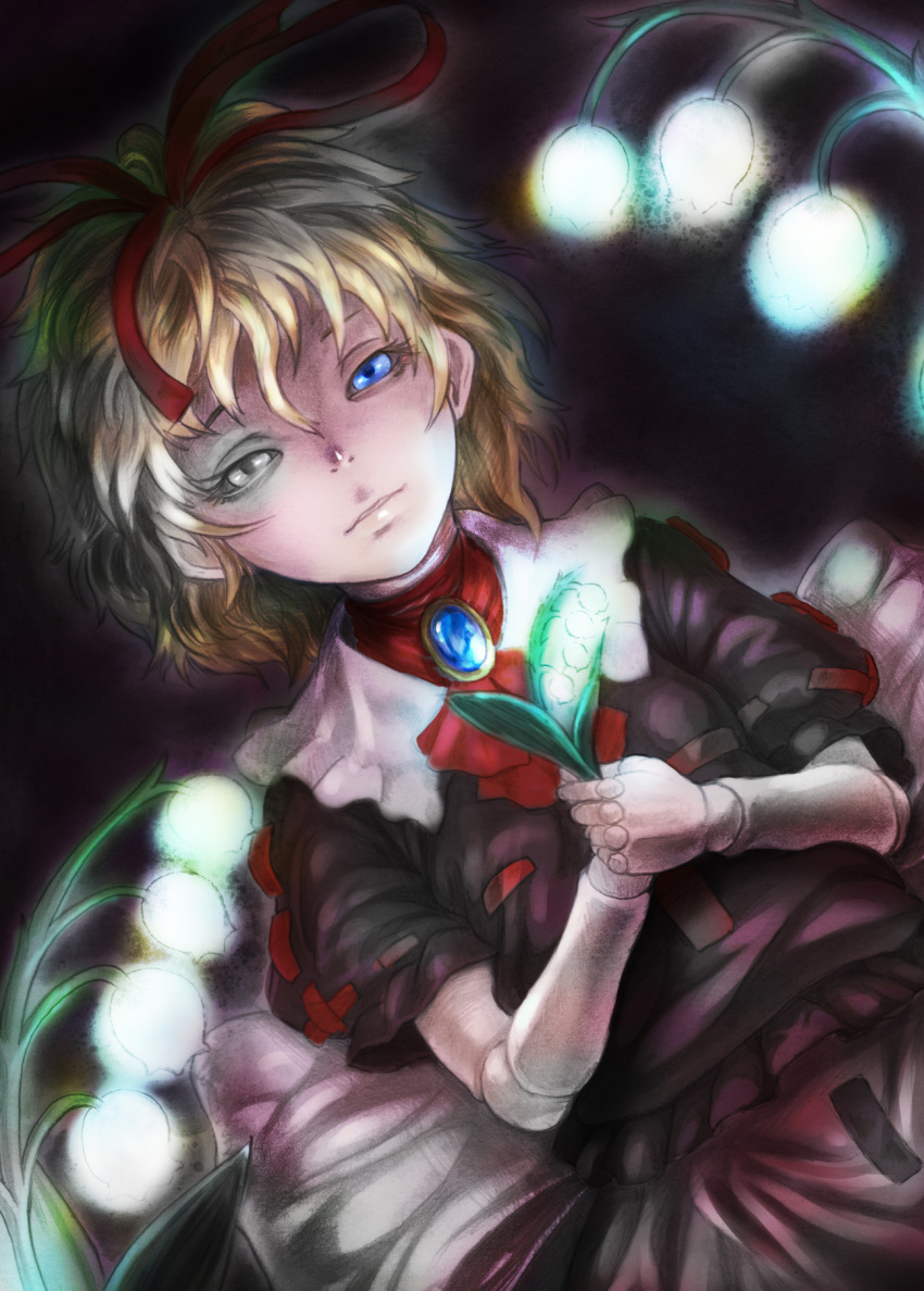 1girl baten_(gei-vorugu) blouse brooch capelet doll_joints dutch_angle flower hair_ribbon high_collar highres jewelry lily_of_the_valley looking_at_viewer medicine_melancholy parted_lips puffy_short_sleeves puffy_sleeves ribbon short_hair short_sleeves skirt solo touhou