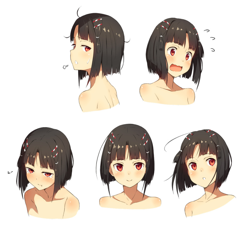 1girl black_hair blush bust expressions flying_sweatdrops kinta_(distortion) looking_at_viewer open_mouth original red_eyes short_hair simple_background smile tears white_background