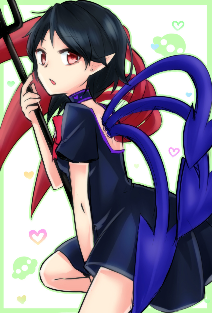 1girl asymmetrical_wings between_legs black_dress black_hair bowtie cowboy_shot dress green_border hand_between_legs heart highres hong_wang houjuu_nue looking_at_viewer looking_to_the_side open_mouth pointy_ears polearm red_eyes short_hair solo touhou trident ufo weapon wings