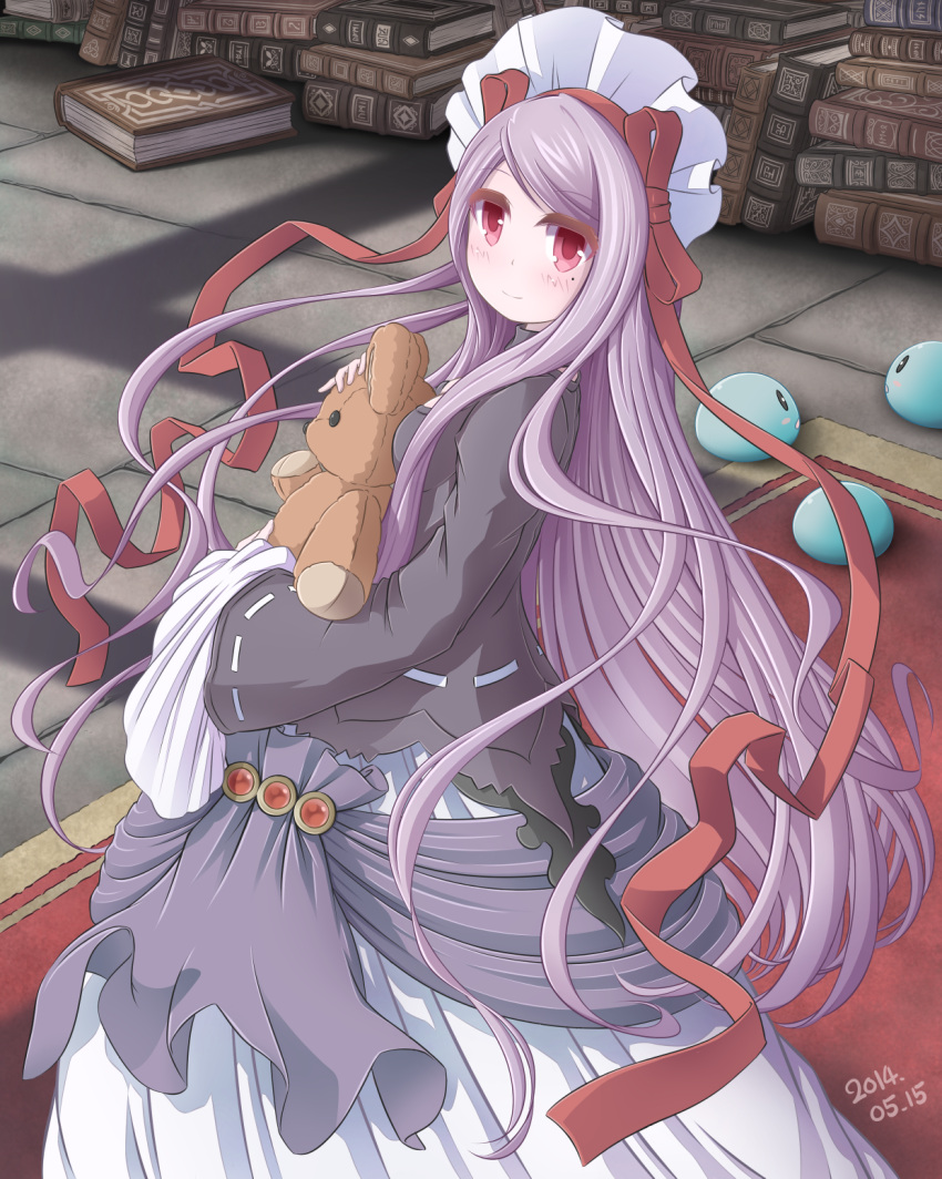1girl atelier_(series) blush book book_stack dated dioptase dress game_request headdress highres library long_hair long_ribbon looking_at_viewer pamela_ibiss puni purple_hair red_eyes ribbon rug smile solo stone_floor stuffed_animal stuffed_toy teddy_bear very_long_hair
