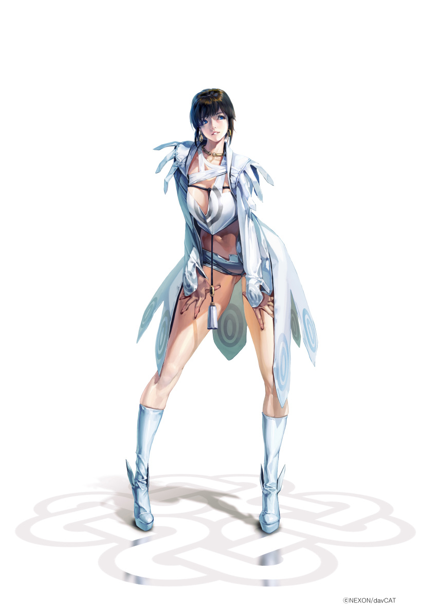 1girl absurdres biting black_hair blue_eyes boots coat earrings hands_on_thighs highres jewelry leaning_forward legs lip_biting long_coat long_legs mabinogi neck_ring official_art open_clothes open_coat short_hair short_shorts shorts tassel thighs
