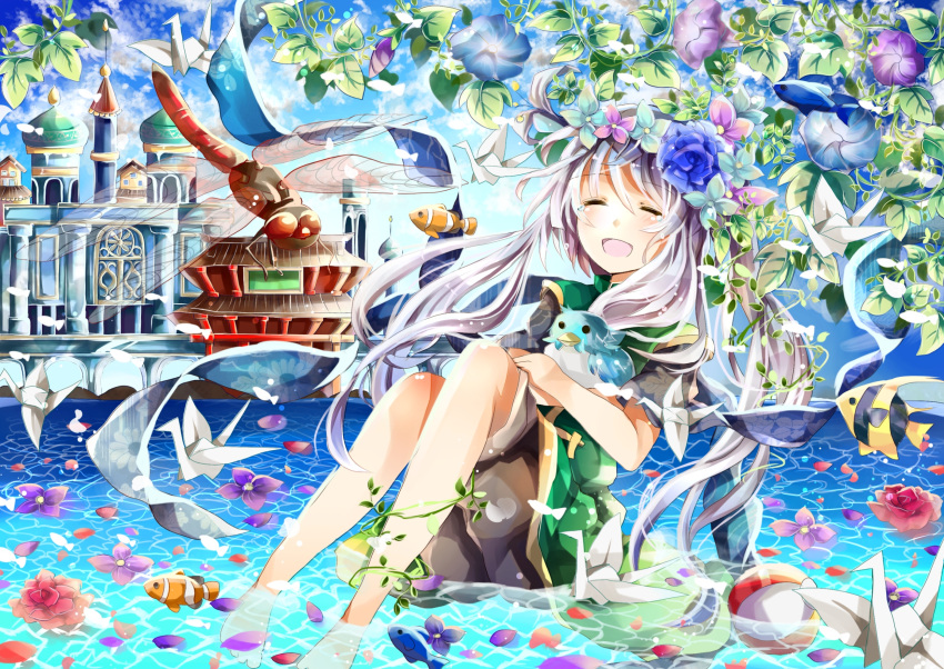 1girl azumamutuki bare_legs bird closed_eyes clownfish dragonfly flower highres in_water long_hair looking_at_viewer open_mouth origami original paper_crane petals silver_hair smile solo tears wind