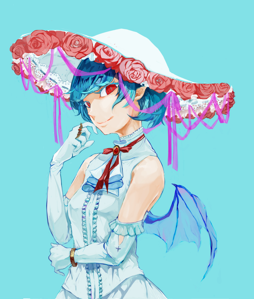 1girl alternate_costume bangle bare_shoulders bat_wings blue_hair bracelet brooch colored_eyelashes elbow_gloves flower gloves hat hat_flower highres jewelry pink_rose pointy_ears red_eyes remilia_scarlet ribbon ring rose short_hair sleeveless smile solo touhou ue_toono_(atano) wings