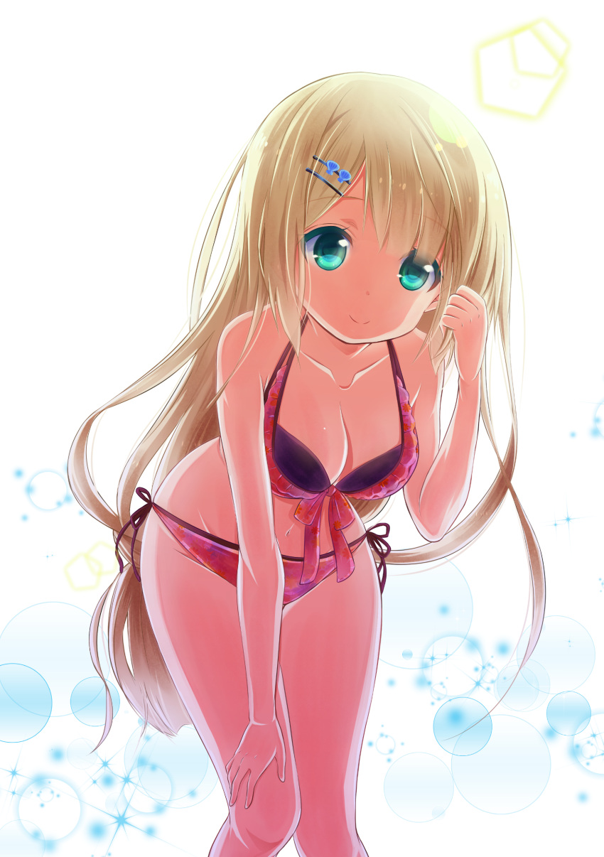 1girl absurdres bikini blonde_hair breasts cleavage green_eyes highres leaning_forward nekopan_(wakasagi37072) original swimsuit