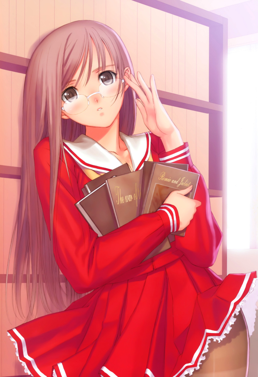 1girl absurdres adjusting_glasses arm_up book book_hug brown_legwear copyright_request glasses highres holding holding_book long_sleeves looking_at_viewer pantyhose parted_lips pleated_skirt school_uniform skirt solo taka_tony tanaka_takayuki thighband_pantyhose