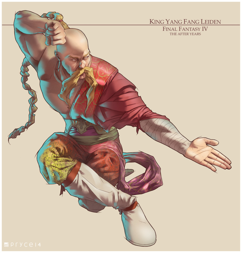 1boy asymmetrical_clothes bald_spot bandages blonde_hair boots braid fighting_stance final_fantasy final_fantasy_iv final_fantasy_iv_the_after highres jamal_campbell knee_boots long_hair monk muscle single_braid solo yang_fang_leiden