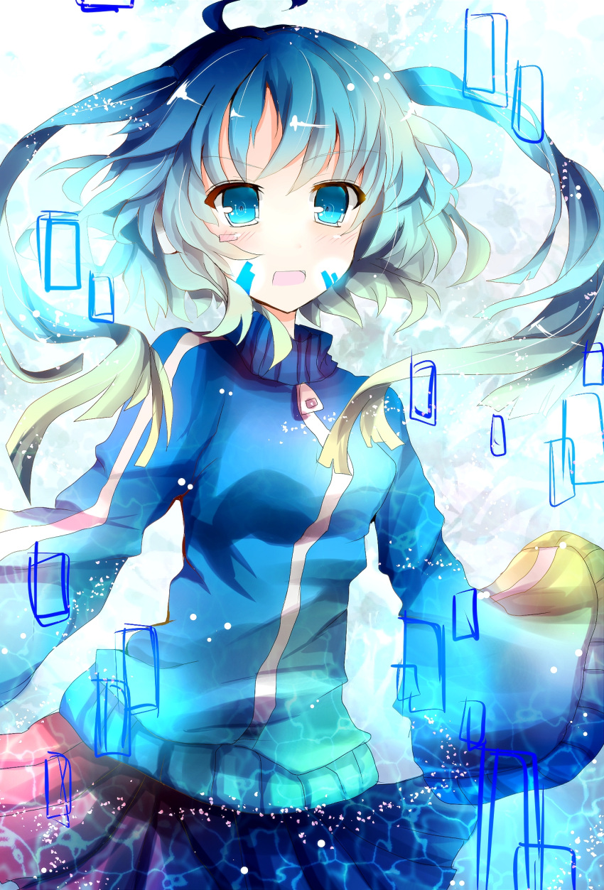 1girl ahoge azumamutuki blue_eyes blue_hair ene_(kagerou_project) facial_mark highres kagerou_project long_hair looking_at_viewer open_mouth pleated_skirt sketch skirt sleeves_past_wrists solo track_jacket twintails