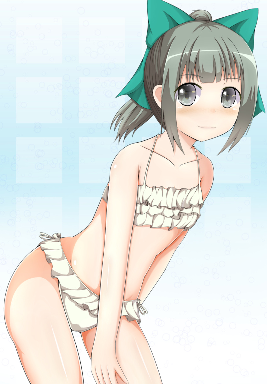 1girl bikini bow frilled_bikini frills grey_eyes grey_hair hair_bow highres kantai_collection masa_masa ponytail short_hair swimsuit yuubari_(kantai_collection)