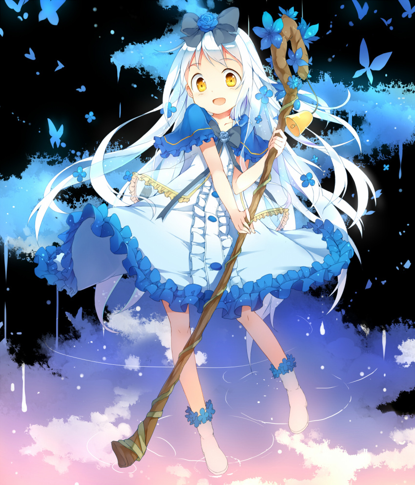 1girl :d bell blue_dress blue_hair blue_rose bow brown_eyes butterfly capelet dress flower fred04142 hair_bow highres holding long_hair long_sleeves looking_at_viewer open_mouth original ribbon rose silver_hair smile solo staff very_long_hair yellow_eyes