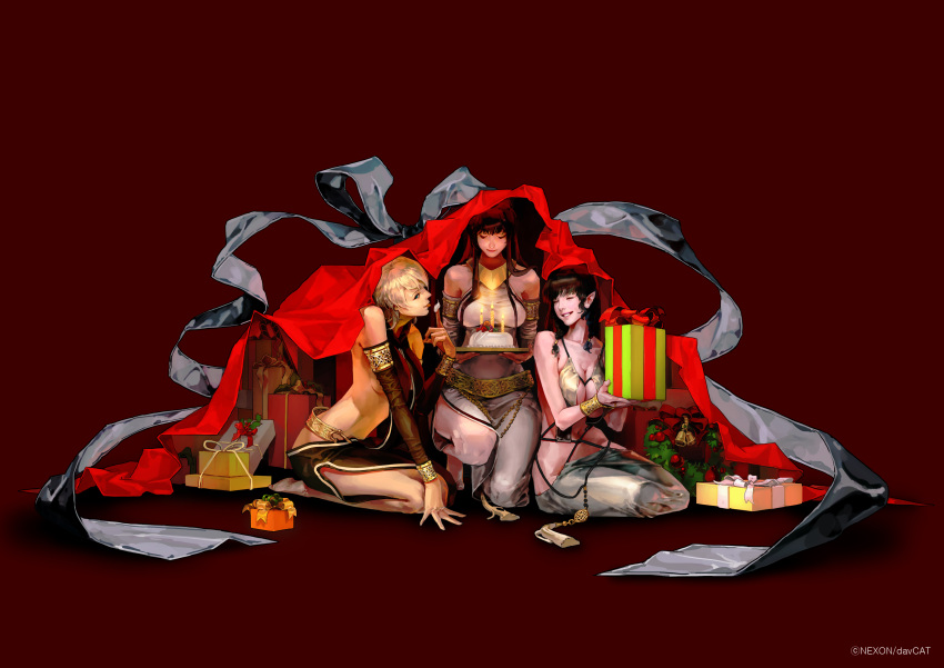 3girls absurdres armlet black_hair blonde_hair blue_eyes box bracer cake candle chain closed_eyes detached_sleeves dress food gift gift_box gift_wrapping goddess highres jewelry kneeling licking_hand long_hair mabinogi macha_(mabinogi) morrighan multiple_girls neamhain neck_ring official_art pointy_ears ribbon wreath