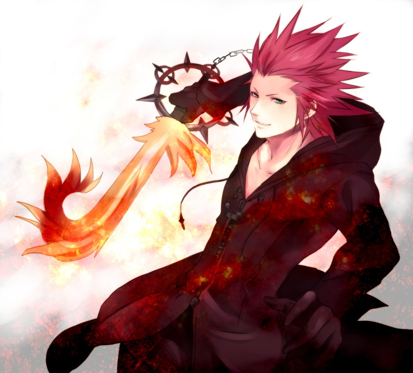 1boy axel_(kingdom_hearts) black_coat black_coat_(kingdom_hearts) black_gloves black_hood black_pants coat commentary_request fighting_stance fire gloves green_eyes grin hands_up highres holding holding_weapon hood hood_down keyblade kingdom_hearts kingdom_hearts_birth_by_sleep lea_(kingdom_hearts) long_coat male_focus medium_hair minatoya_mozuku pants redhead smile solo spiky_hair standing weapon white_background