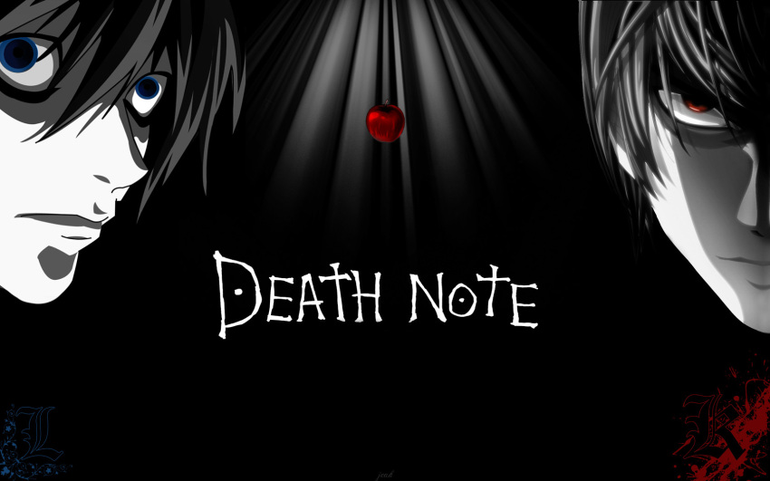apple artist_request blue_eyes copyright_request death_note k_(death_note) l_(death_note) red_eyes simple_background tagme wallpaper