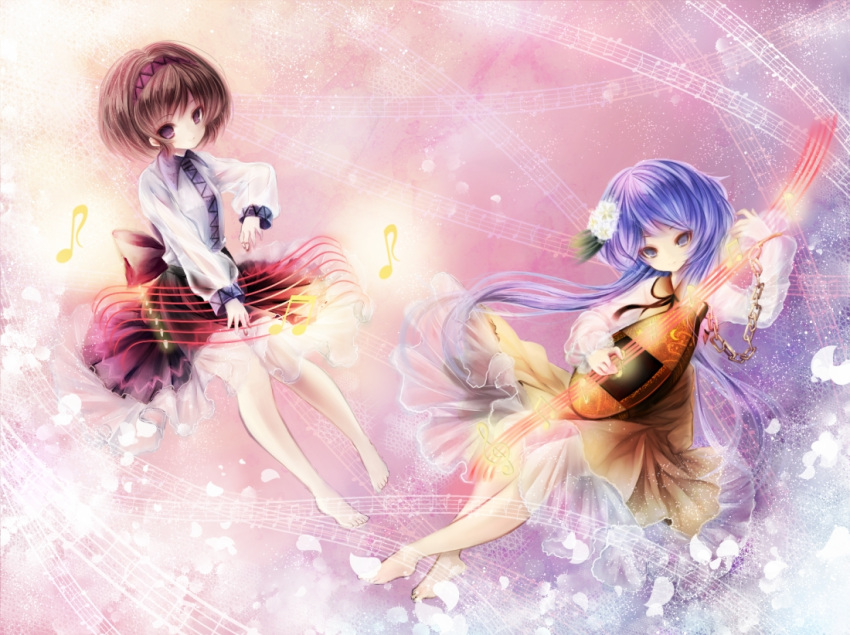 2girls barefoot biwa_lute brown_hair flower hair_flower hair_ornament hairband instrument lavender_eyes lavender_hair lavolpe_(yagisaka_seto) low_twintails lute_(instrument) multiple_girls musical_note piyokichi playing_instrument short_hair touhou tsukumo_benben tsukumo_yatsuhashi twintails violet_eyes