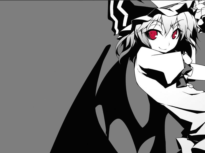 bat_wings highres monochrome red_eyes remilia_scarlet touhou wallpaper