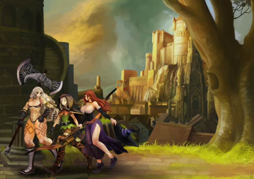 3girls amazon_(dragon's_crown) axe barefoot blonde_hair boots bow_(weapon) breasts cleavage curly_hair dragon's_crown elf_(dragon's_crown) gloves happy highres hoodie huge_breasts long_hair multiple_girls smile sorceress_(dragon's_crown) staff thick_thighs thighs weapon