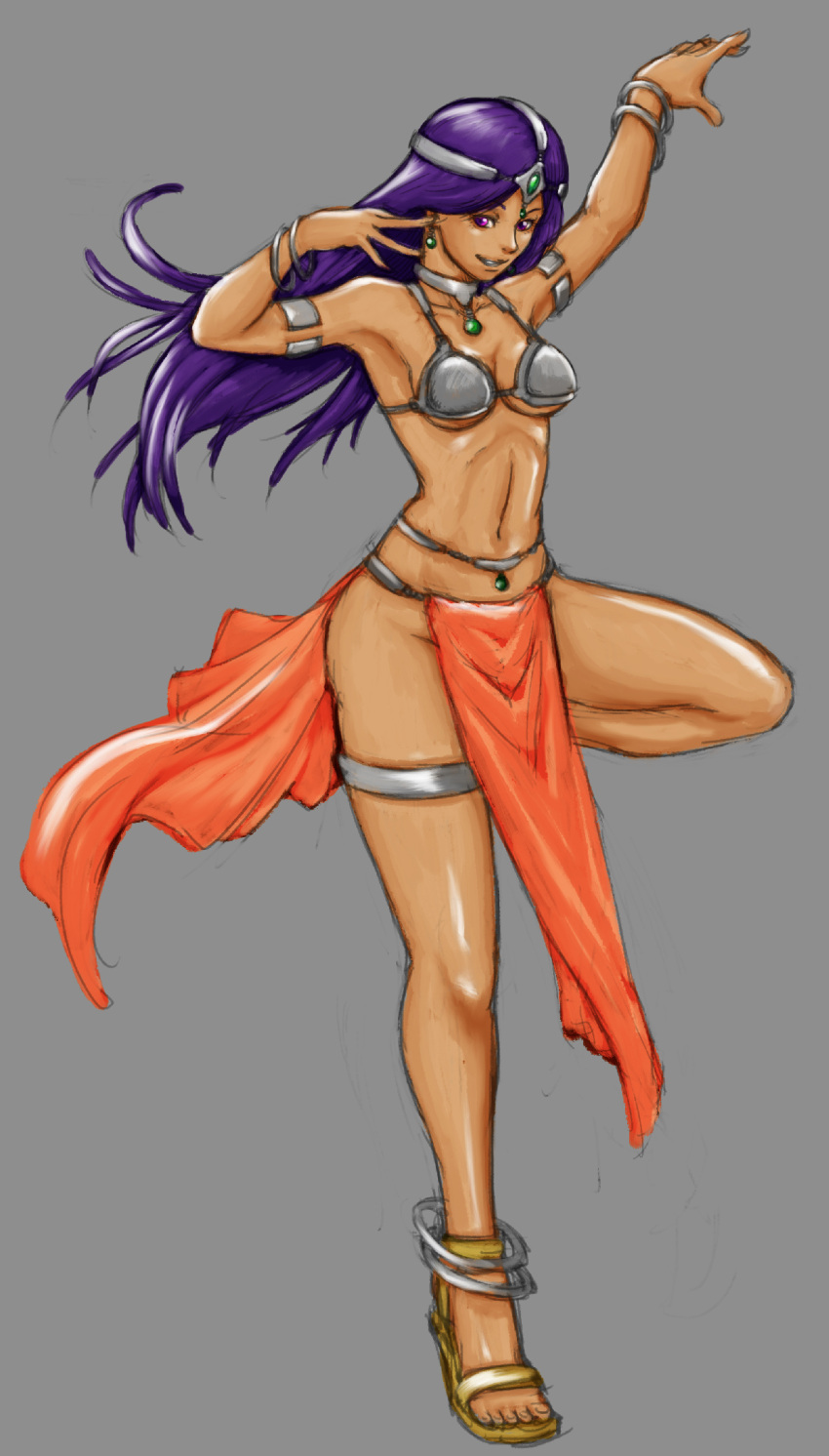 1girl anklet armlet arms_up belt bracelet breasts choker circlet cleavage dark_skin dragon_quest dragon_quest_iv ds_(ds310) earrings grey_background grin highres jewelry legs loincloth long_hair looking_at_viewer manya purple_hair sandals smile solo violet_eyes