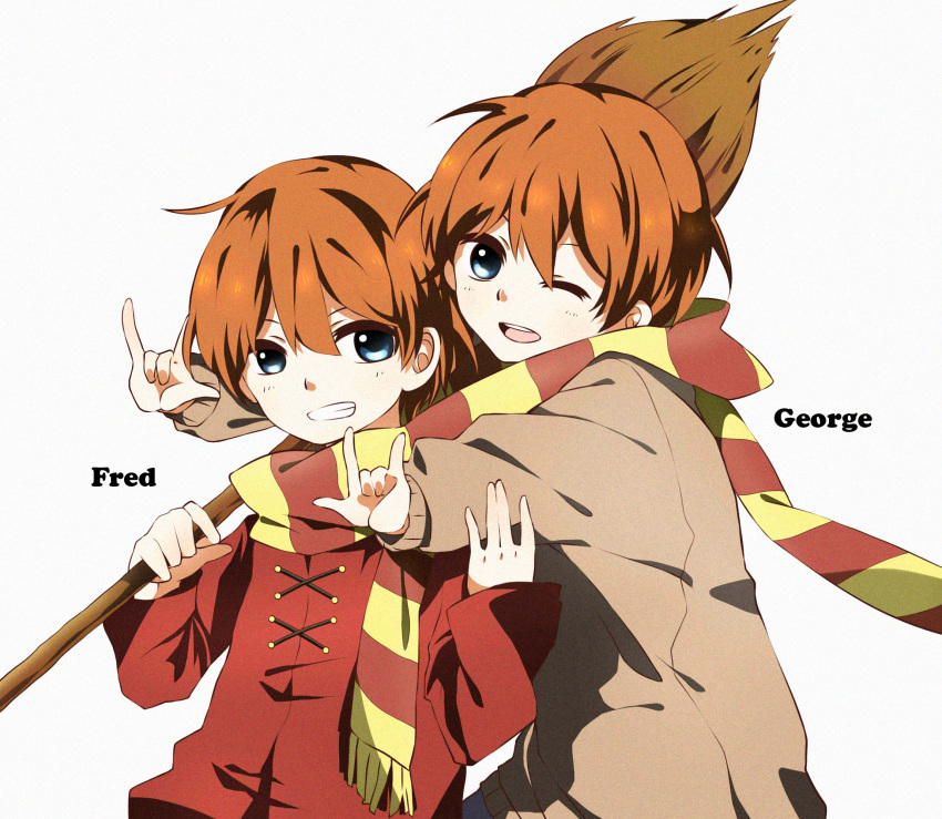 2boys \m/ aru_(iceland) blue_eyes broom brothers brown_coat character_name coat double_\m/ fred_weasley george_weasley grin harry_potter highres multiple_boys one_eye_closed orange_hair red_coat scarf shared_scarf siblings smile twins younger