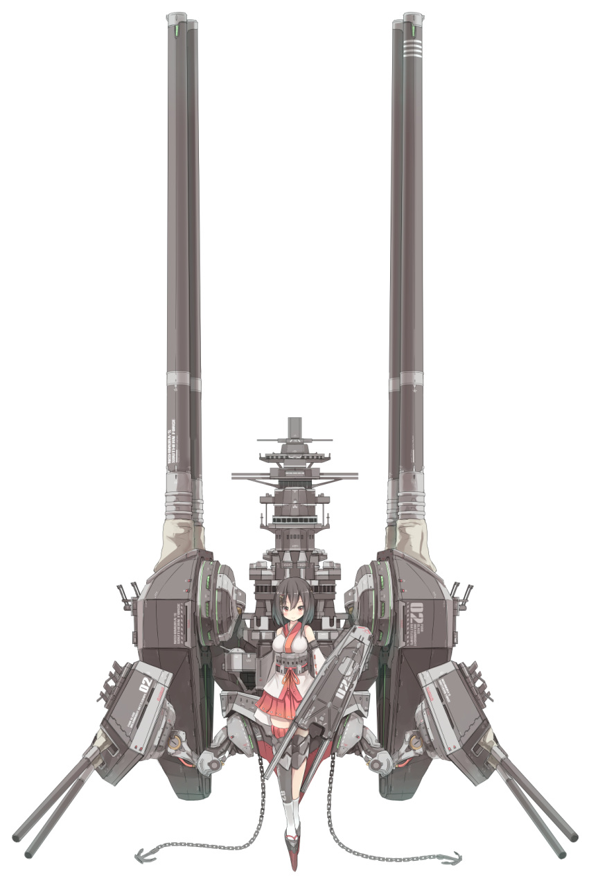 1girl anchor bare_shoulders black_hair blush breasts cannon chain detached_sleeves five_star_stories hair_ornament highres jagd_mirage japanese_clothes kantai_collection mecha_musume mortar_headd nanashina parody red_eyes short_hair simple_background skirt smile solo white_background yamashiro_(kantai_collection)