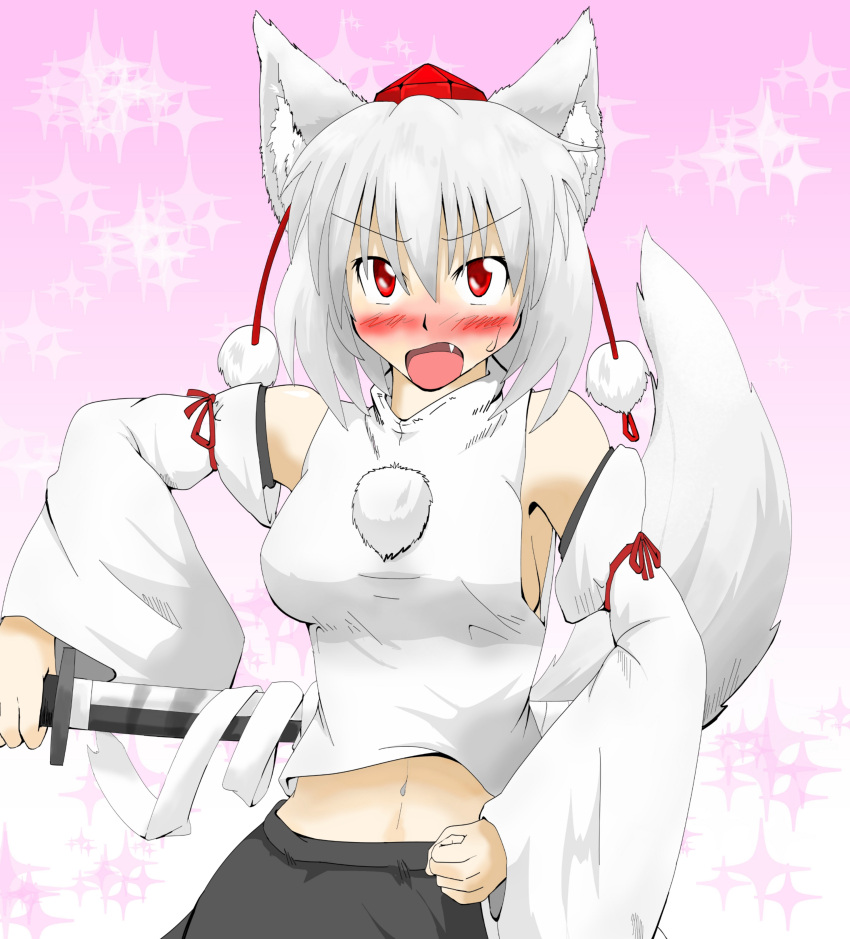 1girl absurdres animal_ears bare_shoulders blush breasts detached_sleeves fang gradient gradient_background hat highres inubashiri_momiji katana kouno_ibuki large_breasts looking_at_viewer midriff navel no_bra open_mouth red_eyes short_hair silver_hair solo sword tail tokin_hat touhou weapon wolf_ears wolf_tail