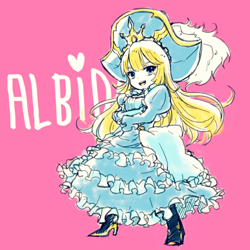 1girl awilda_(p&amp;d) blonde_hair blue_dress blue_eyes blue_hat blue_legwear blush breasts character_name cleavage dress feathers frilled_dress frilled_sleeves frills full_body hat hat_feather high_heels highres long_hair long_sleeves open_mouth pantyhose pikomarie pink_background pirate pirate_hat puffy_long_sleeves puffy_sleeves puzzle_&amp;_dragons simple_background smile solo tricorne