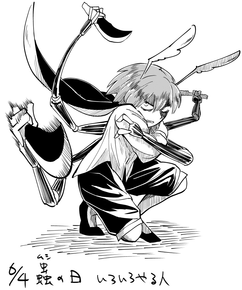1girl absurdres antennae cape clenched_teeth dated fighting_stance highres iroiro_yaru_hito knife monochrome multiple_arms short_hair shorts simple_background sketch solo squatting sword touhou weapon white_background wriggle_nightbug